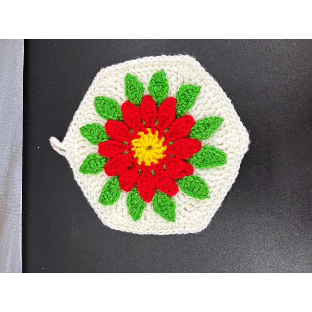 Vintage Handmade Crochet Potholder Red Flower Hexagon Trivet Hot Pad Grannycore